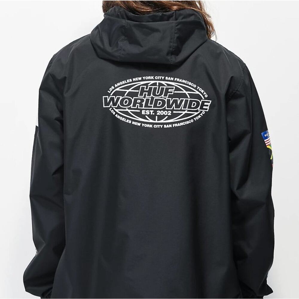 HUF Worldwide Flag Anorak Windbreaker Jacket Black Half Zip Streetwear Large - Picture 2 of 9